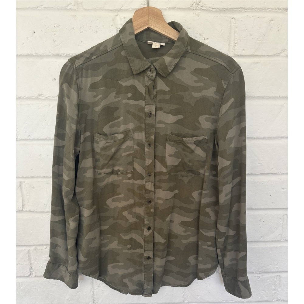 ANA A New Approach Camo Button Up Blouse Women's Small Rayon Long Sleeve JCPenny
